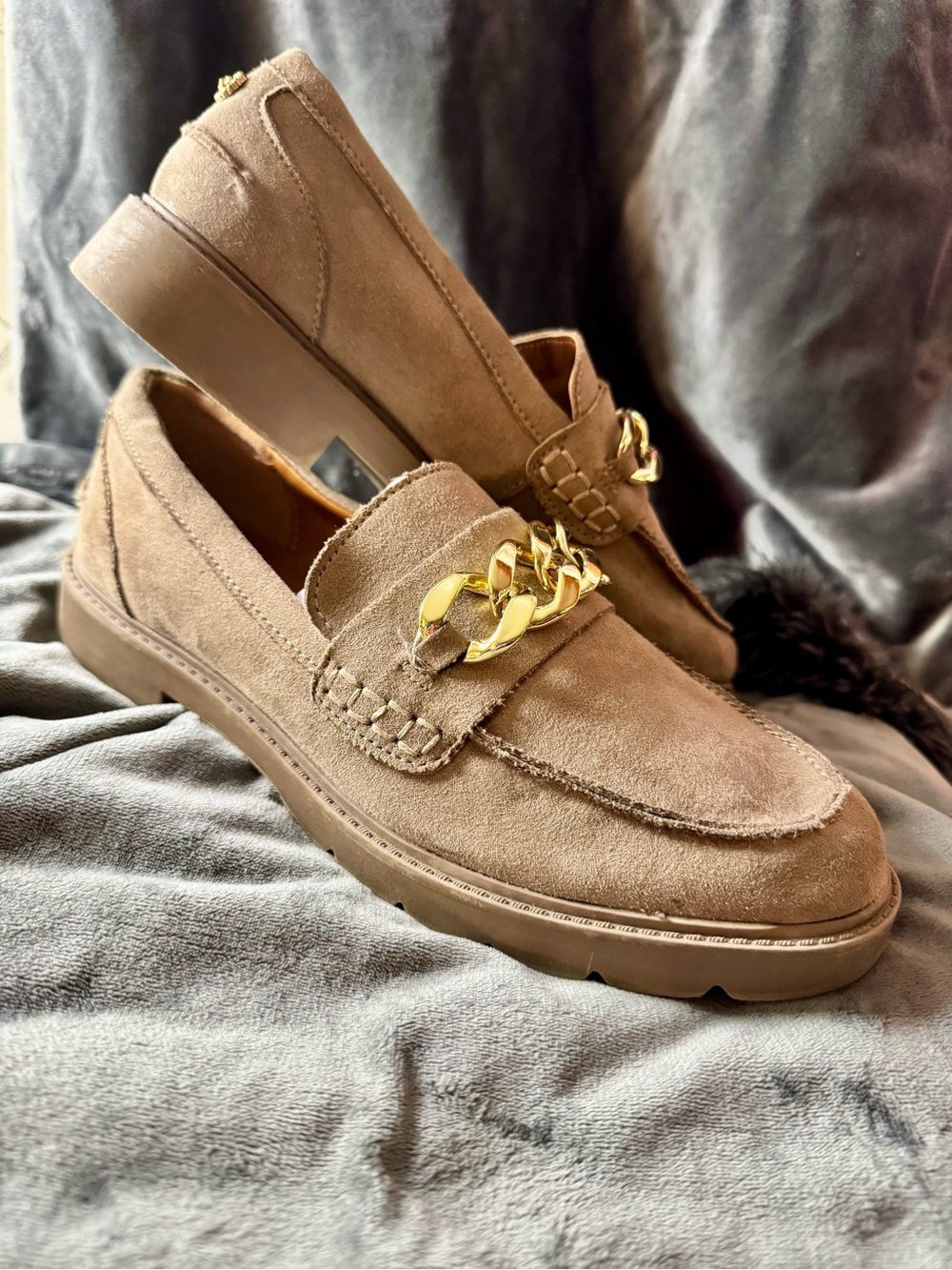 Anne Klein Taupe Suede Loafers with Gold Chain Accent